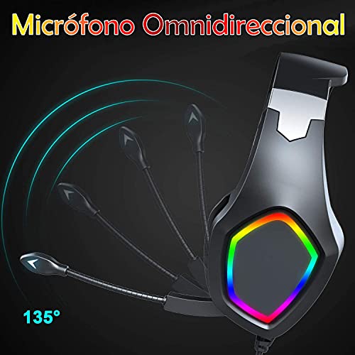 Cascos Gaming PS5 con Micrófono Flexible para Xbox Series X PC Nintendo PS4 PC Gaming, Auriculares con Sonido Premium Stereo, Orejeras Acolchadas Ligero Cómodo y Diadema Ajustable, Iluminación RGB