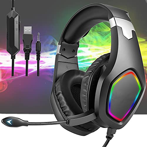 Cascos Gaming PS5 con Micrófono Flexible para Xbox Series X PC Nintendo PS4 PC Gaming, Auriculares con Sonido Premium Stereo, Orejeras Acolchadas Ligero Cómodo y Diadema Ajustable, Iluminación RGB