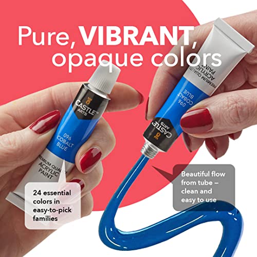 Castle Art Suministra 24 x 12ml Set de pintura acrílica para principiantes, estudiantes o artistas, una combinación perfecta de calidad y versatilidad con colores vivos, fácil de mezclar y con buena cobertura sobre papel, lienzo, madera y tela. Sin ser de