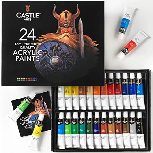 Castle Art Suministra 24 x 12ml Set de pintura acrílica para principiantes, estudiantes o artistas, una combinación perfecta de calidad y versatilidad con colores vivos, fácil de mezclar y con buena cobertura sobre papel, lienzo, madera y tela. Sin ser de