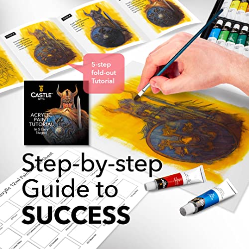 Castle Art Suministra 24 x 12ml Set de pintura acrílica para principiantes, estudiantes o artistas, una combinación perfecta de calidad y versatilidad con colores vivos, fácil de mezclar y con buena cobertura sobre papel, lienzo, madera y tela. Sin ser de
