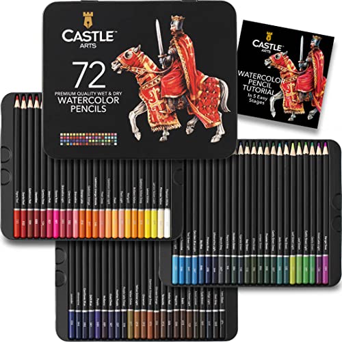 Castle Art Supplies Estuche 72 Lápices de Acuarela | Pigmentos Intensos Premium para Mezclar, Dibujar y Pintar | Artistas, Aficionados y Profesionales I Protegidos y Organizados en Estuche Metálico