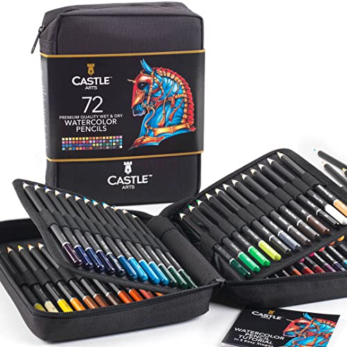 Castle Art Supplies Estuche con Cremallera 72 Lápices Acuarela | Pigmentos Intensos para Mezclar, Dibujar y Pintar | Artistas Experimentados, Aficionados y Profesionales I Resistente Estuche de Tela