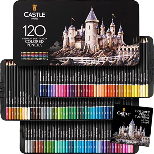 Castle Art Supplies Juego 120 Lápices Colores | Minas Blandas de Colores para Artistas Experimentados, Profesionales e Ilustradores | Protegidos y Organizados en un Estuche de Presentación Metálico