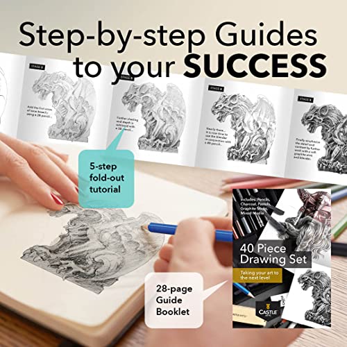 Castle Art Supplies juego de 40 lápices para bocetar y dibujar presentado en un estuche con cremallera. ¡Gama de lápices para bocetar de calidad y mucho más!