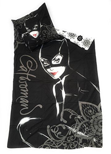 Catwoman DC Comics - Juego de cama (funda nórdica reversible de 140 x 200 cm y funda de almohada de 63 x 63 cm, microfibra)