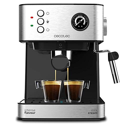 Cecotec Cafetera Express Power Espresso 20 Matic Professionale. 850 W, 20 Bares, Manómetro, Depósito de 1,5L, Brazo Doble Salida, Vaporizador, Superficie Calientatazas, Acabados en Acero Inoxidable