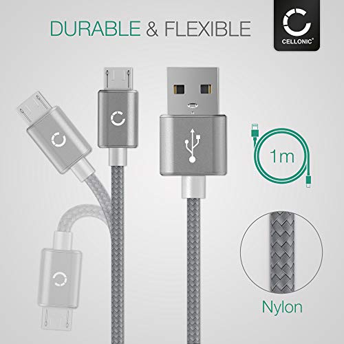 CELLONIC® Cable de Datos USB 1m Compatible con Sony Dualshock 4 / PS VR Aim Controller Cable Carga Micro USB a USB A 2.0 2.4A Nylon Gris
