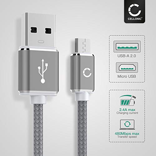 CELLONIC® Cable de Datos USB 1m Compatible con Sony Dualshock 4 / PS VR Aim Controller Cable Carga Micro USB a USB A 2.0 2.4A Nylon Gris