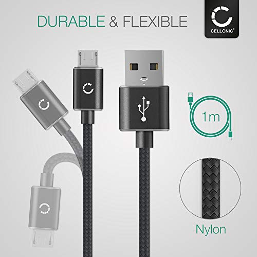 CELLONIC® Cable de Datos USB 1m Compatible con Sony Dualshock 4 / PS VR Aim Controller Cable Carga Micro USB a USB A 2.0 2.4A Nylon Negro/Plateado