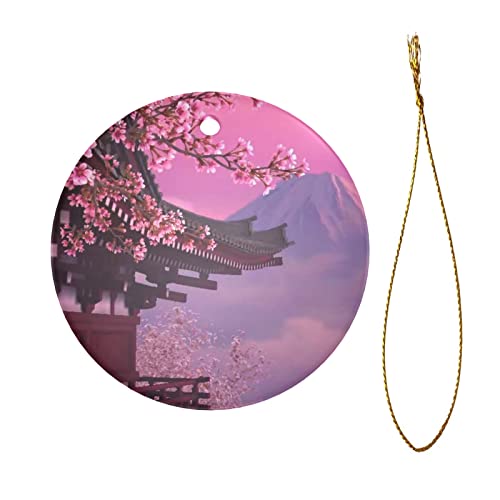 Ceramic Ornaments Japan Pink Cherry Blossom Mount Fuji Bulk Christmas Ornaments Circle Bauble Hanging Tree Ornaments Two-Sided Painted For Holiday Family & Friends Gift