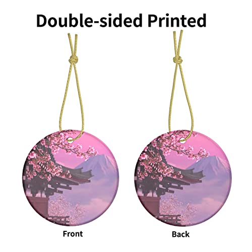 Ceramic Ornaments Japan Pink Cherry Blossom Mount Fuji Bulk Christmas Ornaments Circle Bauble Hanging Tree Ornaments Two-Sided Painted For Holiday Family & Friends Gift