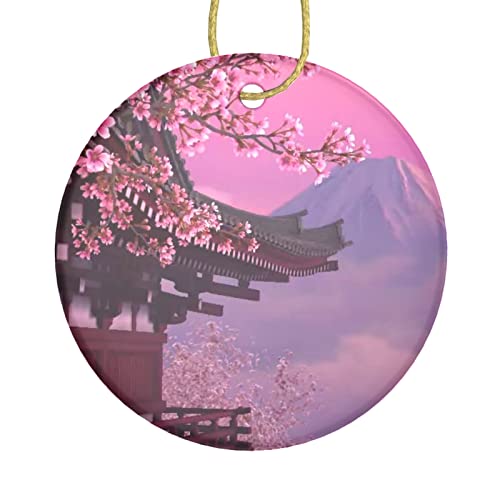 Ceramic Ornaments Japan Pink Cherry Blossom Mount Fuji Bulk Christmas Ornaments Circle Bauble Hanging Tree Ornaments Two-Sided Painted For Holiday Family & Friends Gift