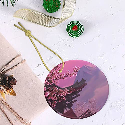 Ceramic Ornaments Japan Pink Cherry Blossom Mount Fuji Bulk Christmas Ornaments Circle Bauble Hanging Tree Ornaments Two-Sided Painted For Holiday Family & Friends Gift
