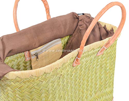 Cesteria Aparici - Capazo esparto fino natural con cierre, asa cuero. Color natural beige. Largo: 50 cm - Ancho: 25cm - Alto: 25cm. Pueden variar en 2 o 3cm