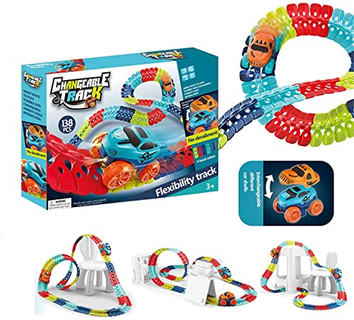 Changeable Track with Led Light-Up Race Car Sidebar, Flexible Assembled Track Building Toys, Assembled Track Birthday Gift for Kids Age 3 Up Boys Girls. (138PCS)