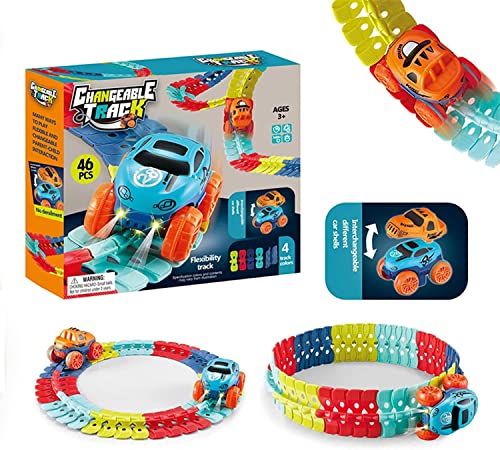 Changeable Track with LED Light-Up Race Car,Flexible Assembled Track DIY Building Toys,Toy Cars Set Birthday Gift for Kids Boys Girls. (46 Piezas)