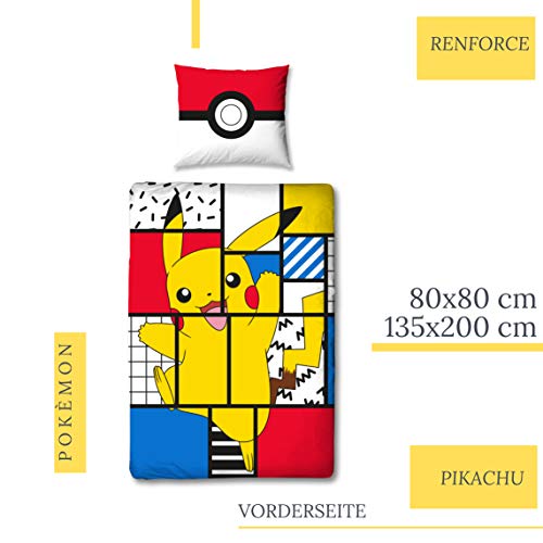 Character World Juego de ropa de cama de Pokémon de 135 x 200 cm y 80 x 80 cm, tamaño alemán, 100 % algodón, 2 piezas para adolescentes