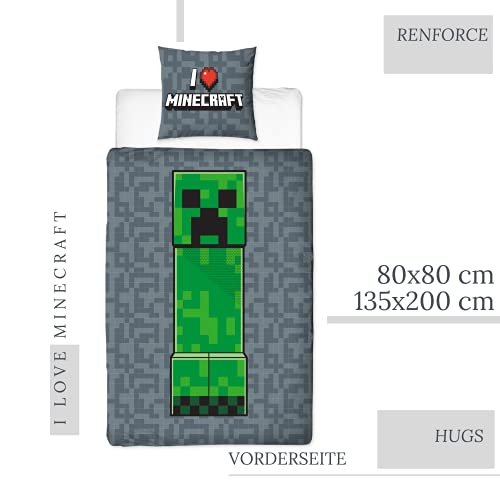 Character World Ropa de cama Minecraft 135 x 200 cm + 80 x 80 cm · 2 piezas para adolescentes · Minecraft Creeper · 100% algodón · Tamaño alemán
