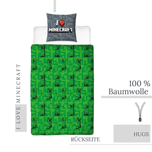 Character World Ropa de cama Minecraft 135 x 200 cm + 80 x 80 cm · 2 piezas para adolescentes · Minecraft Creeper · 100% algodón · Tamaño alemán