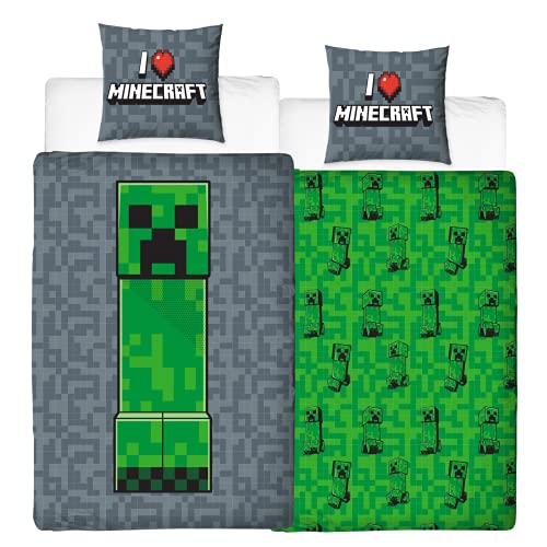 Character World Ropa de cama Minecraft 135 x 200 cm + 80 x 80 cm · 2 piezas para adolescentes · Minecraft Creeper · 100% algodón · Tamaño alemán