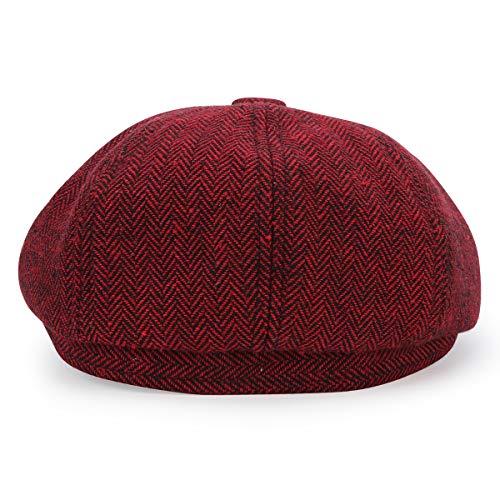 Charmylo Newsboy Cap Baker Boy Hat Gorras Planas - 8 Paneles Peaky Herringbone Tweed Gatsby Hat Ivy Irish Cap para Hombres y Mujeres, Vino Rojo, 59-61