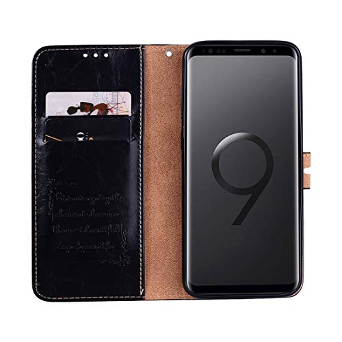 CHEJHUA -Para el Caso de Cuero Galaxy S9 Suma Cera de petróleo Textura Horizontal Twitch con el sostenedor y Ranuras for Tarjetas y Monedero (Negro) Hecho (Color : Black)