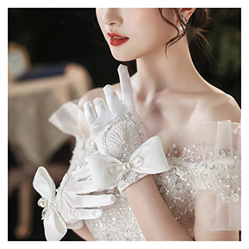 CHHNGPON Guantes de Novia Guantes Nupciales Bowknot Perla Guantes de satén con Cuentas Wowen Guantes de Boda Wowen para Novia Gants de Femmes Vestido con Guantes (Color : 1)