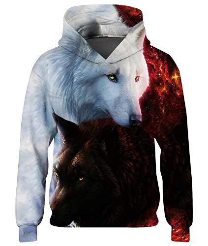 chicolife Niños Niñas Sudadera con Capucha 3D Lobo Blanco y Negro Impreso Hoodie Dibujos Animados Ropa con Bolsillos, M, 5-6 años