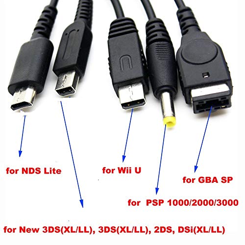 Childhood 5 en 1 Cable de carga USB Fuente de alimentación Cargador Adaptador para Wii U GBA SP DSi NDSi DSL XL 2DS 3DS N3DS DS Lite PSP 1000 2000