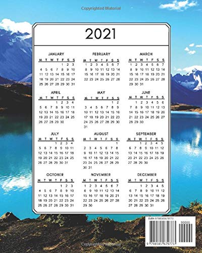 Chile: Weekly & Monthly Agenda | January 2021 - December 2021 | Lake Pehoe Torres Del Paine Patagonia Chile Cover Design, Organizer And Calendar, Pretty and Simple