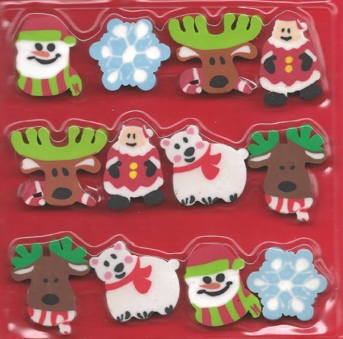 Christmas Holiday Eraser Set 12 Pc. Party Favors w/ Santa, Snowman & More! by Christmas House