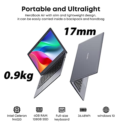 CHUWI HeroBook Air Ordenador Portátil Ultrabook 11.6' Intel Celeron N4020 hasta 2.8 GHz, Laptop Windows 10, 4GB RAM 128GB SSD 1366*768p HD 16:10 Pantalla , Mini HD, USB 3.0, 36.48Wh, Gris