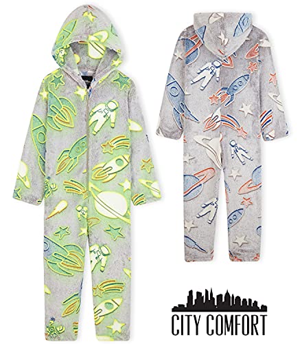 CityComfort Pijama Entero Niño con Capucha, Pijama Cuerpo Entero de Forro Polar, Pijama Niño de La Galaxia, Pijama Brilla Oscuridad (Gris, 9-10 años)