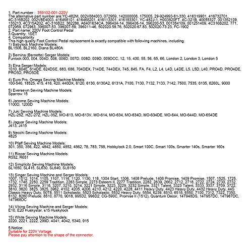 CKPSMS Marca -1piezas # 359102-001-220V PEDAL DE CONTROL DE PIE ADAPTADO Compatible con Singer 2250,2263,2273,2639,2662,E99670,Heavy Duty,4210