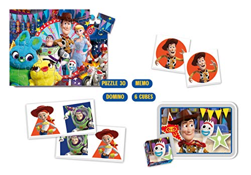 Clementoni-18058 - Edukit 4 en 1 - Toy Story 4 - juego educativo con memo, puzzle, cubos con dibujos y dominó a partir de 3 años