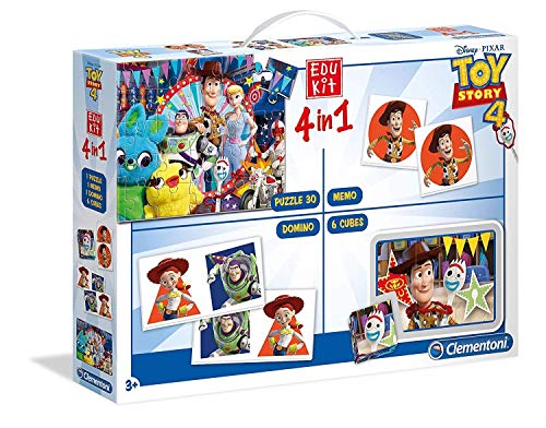 Clementoni-18058 - Edukit 4 en 1 - Toy Story 4 - juego educativo con memo, puzzle, cubos con dibujos y dominó a partir de 3 años