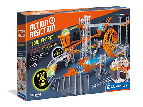 Clementoni- Acción y reacción-Glow Effect, construcción, Pista de Bolas para niños, Marble Run, Juego científico 8 años, Fabricado en Italia, Multicolor (19241)