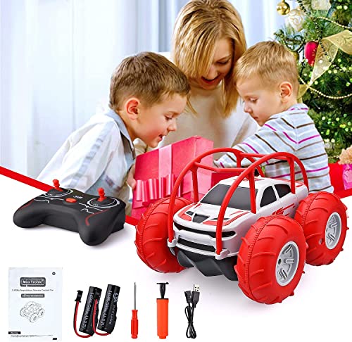 Coche Teledirigido,4x4 Coche Rojo de Juguete Anfibio Acrobacia,Rotación Volteo de 360° con LED,2 Batería Recargable 60 Minutos d'autonomía, 2.4GHz RC Car, Regalo para niños 3-12 años