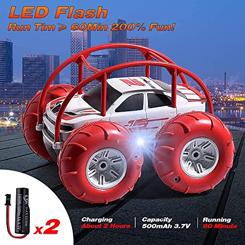 Coche Teledirigido,4x4 Coche Rojo de Juguete Anfibio Acrobacia,Rotación Volteo de 360° con LED,2 Batería Recargable 60 Minutos d'autonomía, 2.4GHz RC Car, Regalo para niños 3-12 años