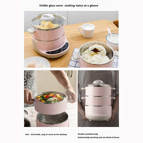 Cocina Eléctrica Inteligente De Doble Capa Tipo De División Alimentos Eléctricos, Vaporizador Eléctrico Multifunción 304 Acero Inoxidable para El Hogar, Rosa