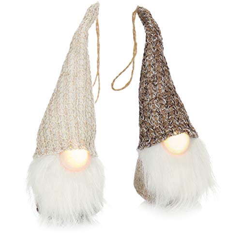 com-four® 2X LED Enano con Nariz y Barba - Enano escandinavo con Sombrero Puntiagudo - Papá Noel Sueco para Colgar [la selección varía] (2 Piezas - marrón. Blanco)