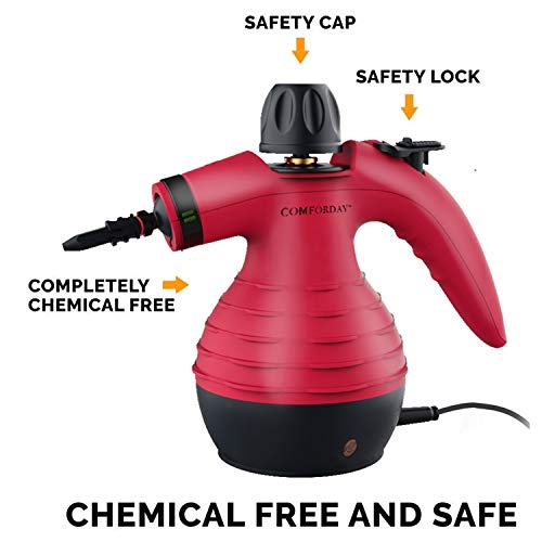 Comforday Limpiador de Vapor de Mano, Limpiador de Vapores Portátil de Usos Múltiples con 9 Accesorios para Quitar Manchas, Alfombras, Cortinas, Asientos de Auto, Cocina, Piso