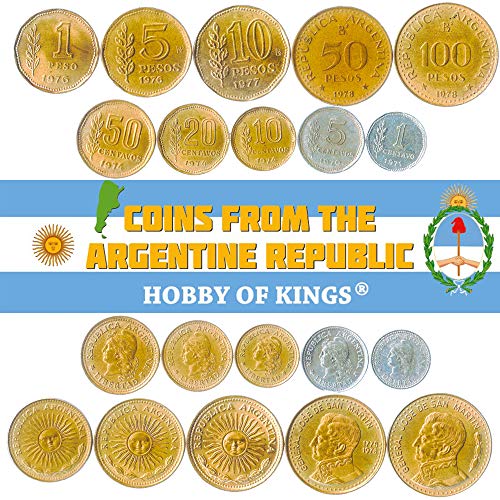 Conjunto de 10 Monedas de Argentina. 1, 5, 10, 20, 50 Centavos, 1, 5, 10, 50, 100 Pesos. 1970-1981
