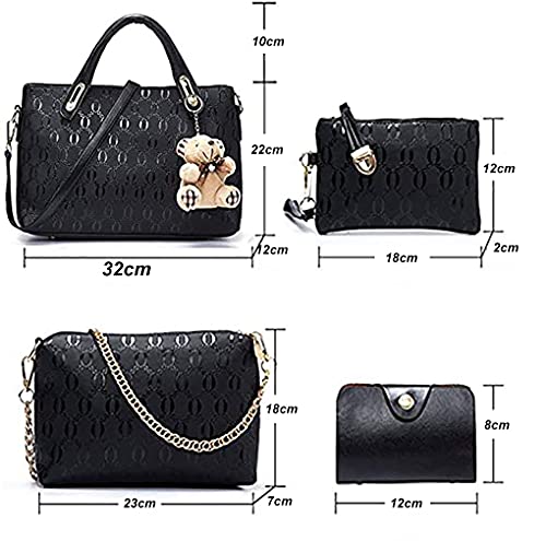 Conjunto de bolsa de cuero de PU de 4 piezas con asa superior para mujer (bolsa grande, bolso, bandolera, tarjetero), Negro