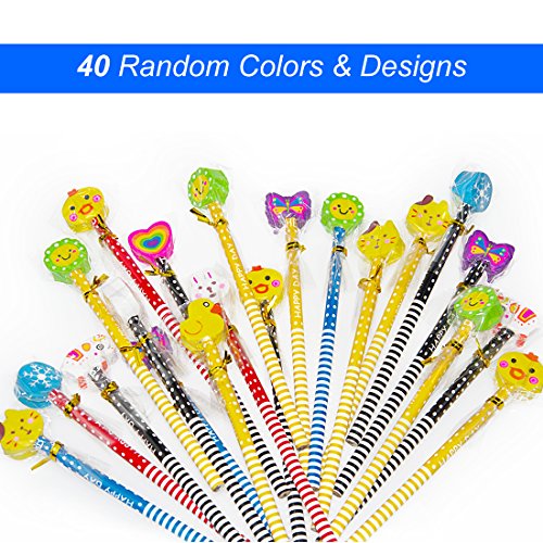 Conjunto de lápiz de dibujos animados, 40 piezas de lápiz de madera con lápices de color grafito de goma con borradores, material escolar Regalo de los niños, para fiesta de cumpleaños