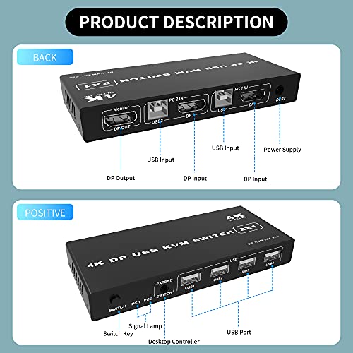 Conmutador DisplayPort KVM 4K 60Hz Ultra HD, Switch Displayport para 2 computadoras Comparte 1 Juego de Teclado, Mouse, Monitor de Impresora,Soporte para Laptop,PC,xBox HDTV,con Cable de Alimentación
