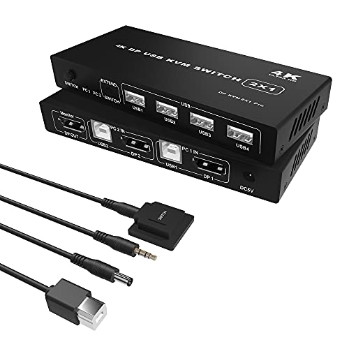 Conmutador DisplayPort KVM 4K 60Hz Ultra HD, Switch Displayport para 2 computadoras Comparte 1 Juego de Teclado, Mouse, Monitor de Impresora,Soporte para Laptop,PC,xBox HDTV,con Cable de Alimentación