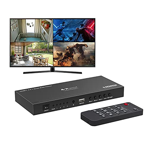 Conmutador HDMI Multiviewer 4x1, PORTTA HDMI Quad Multi-Viewer Seamless Switcher 4 en 1 Salida con Loop, Extractor de Audio a Estéreo, Coaxial, Óptico, 1080p, 5 Modos