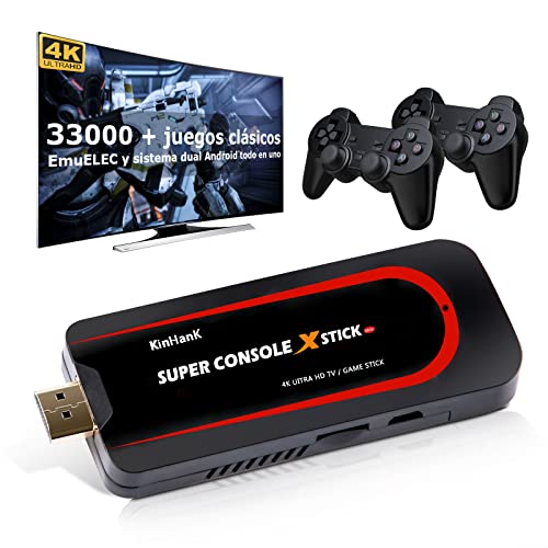 Consola de juegos Super Console X Stick con más de 33000 juegos, sistemas Emuelec 3.9 / Android 7.1, 2 en salida UHD de 1,4K, compatible con PS1 / PSP / DC, WiFi, 2 gamepads (64GB)
